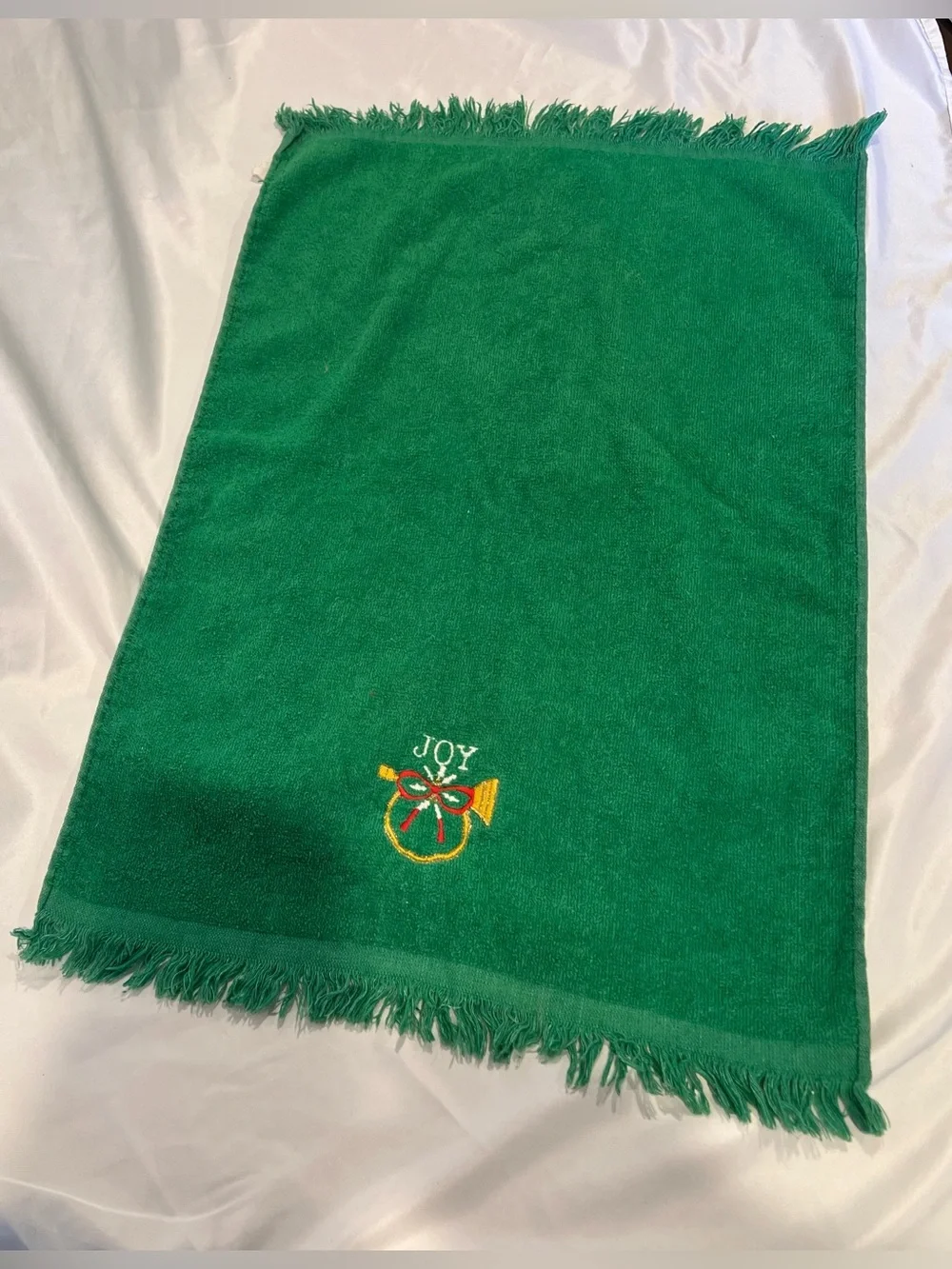 Vintage Cannon Christmas Hand Towel Green JOY Horn Embroidered Fringe Cotton